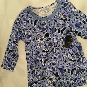 NWT Women's Kim Rogers Blue Floral 3/4 Sleeve Top Size Petite Medium